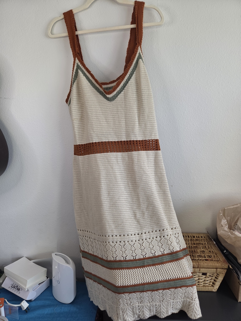 Absolutely Famous Cream Crochet Maxi Dress with Rust & Sage Trim